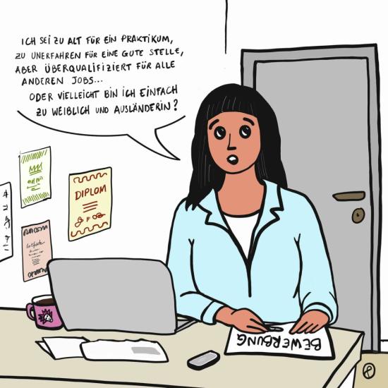 Cartoon über die Integration von Migrantinnen in der Schweiz für Lucify.ch